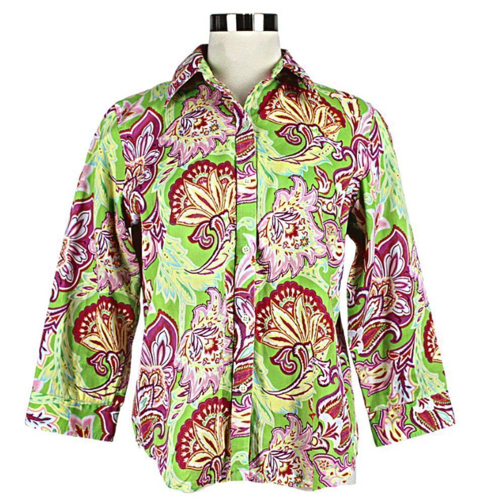 Ralph Lauren Button Front Shirt Paisley Floral Collared Green & Pink Size LP